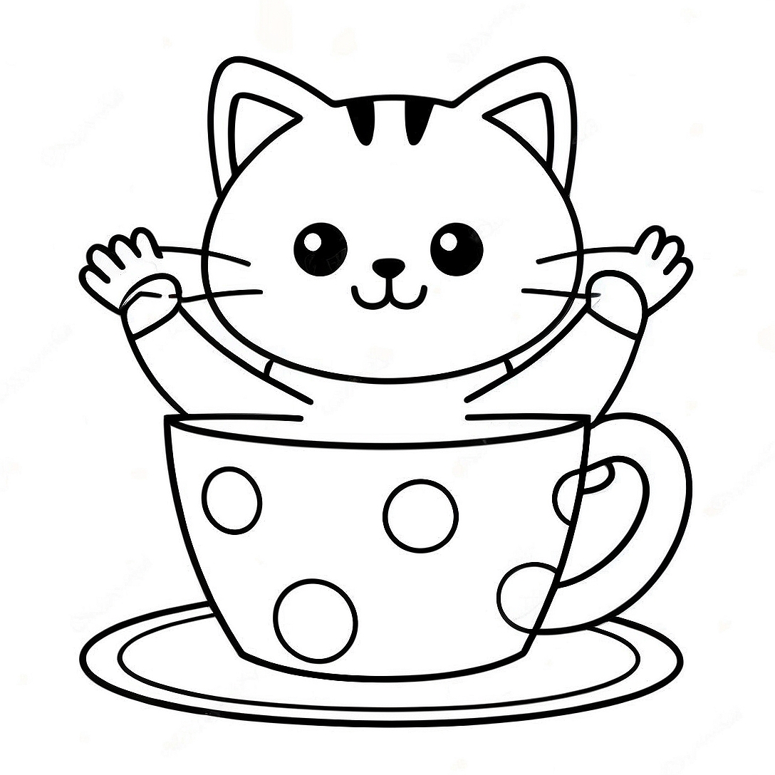 Playful Cat in a Colorful Cup Coloring Page | Cat in Cup coloring page