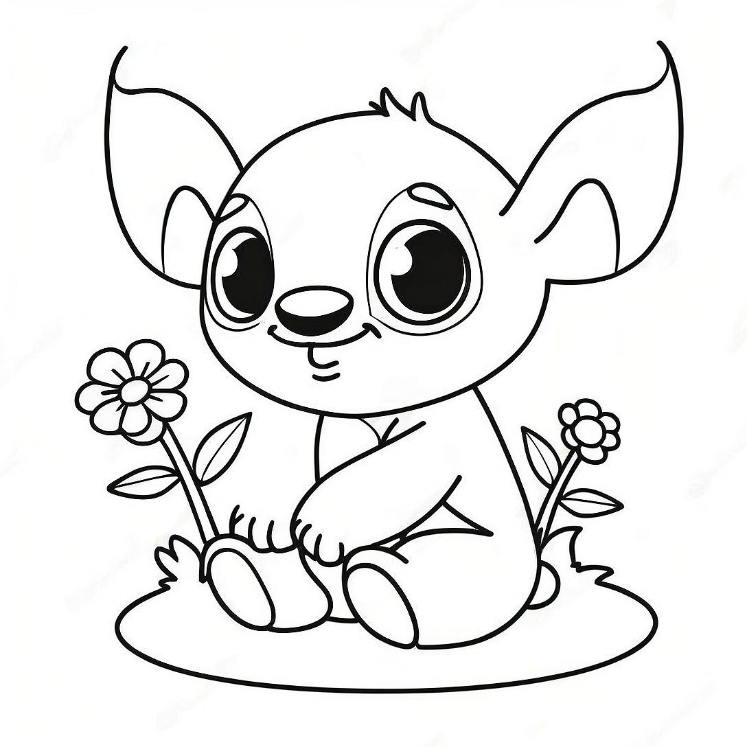 Adorable Baby Stitch with Flowers Coloring Page | Cute Baby Stitch coloring page