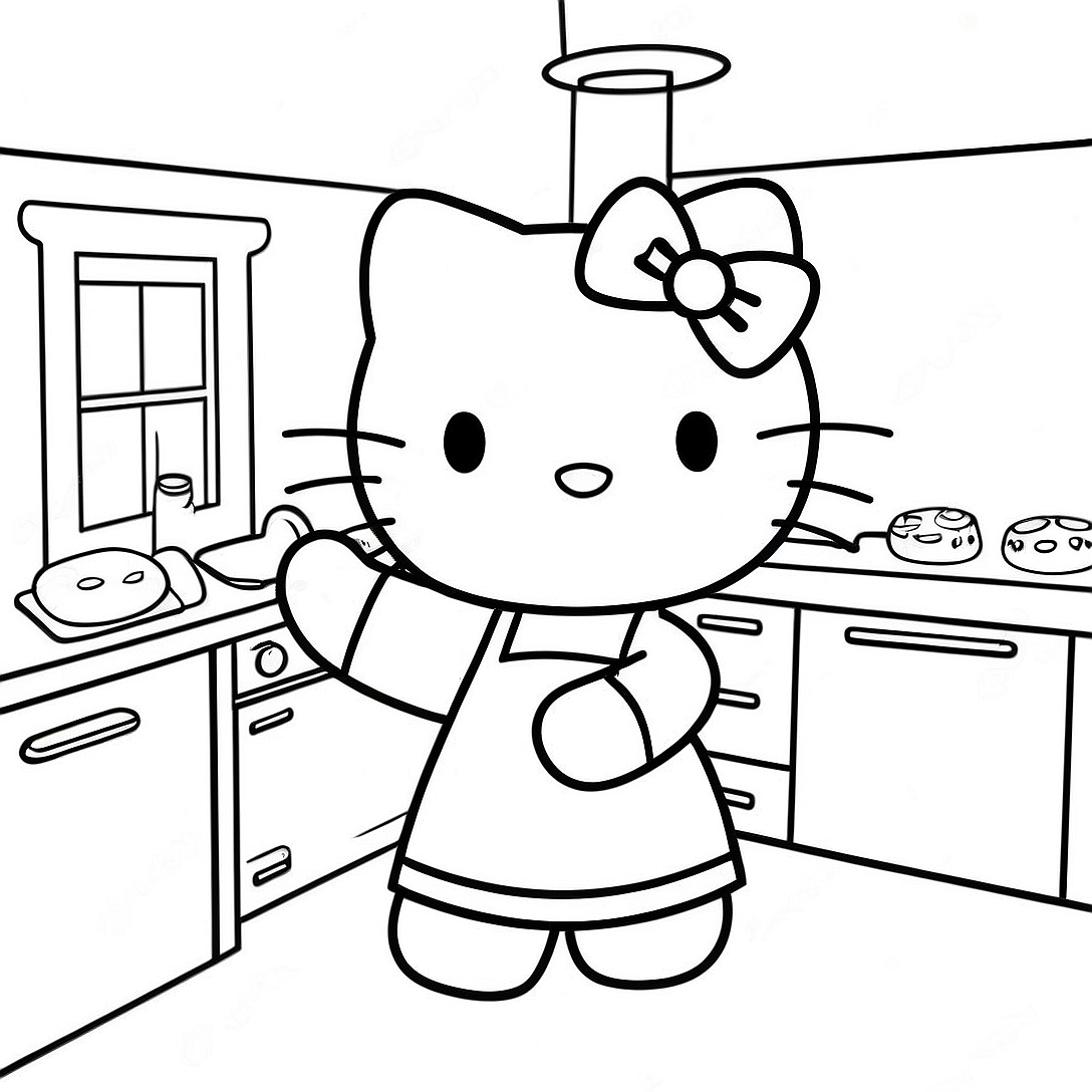 Hello Kitty Cooking in the Kitchen Coloring Page | Hello Kitty Cooking coloring page
