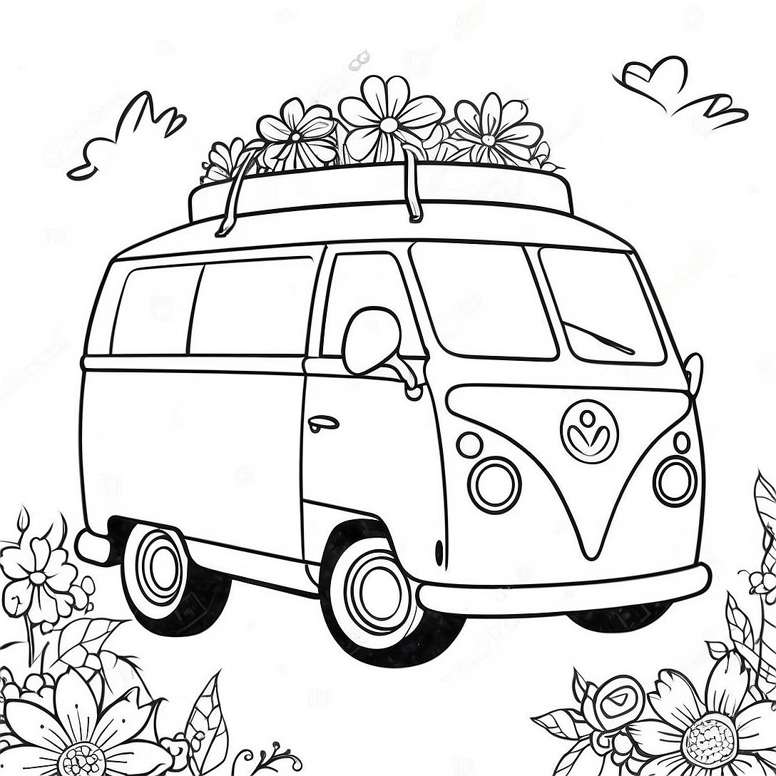 Colorful Hippie Van with Flowers Coloring Page | Hippie Van coloring page