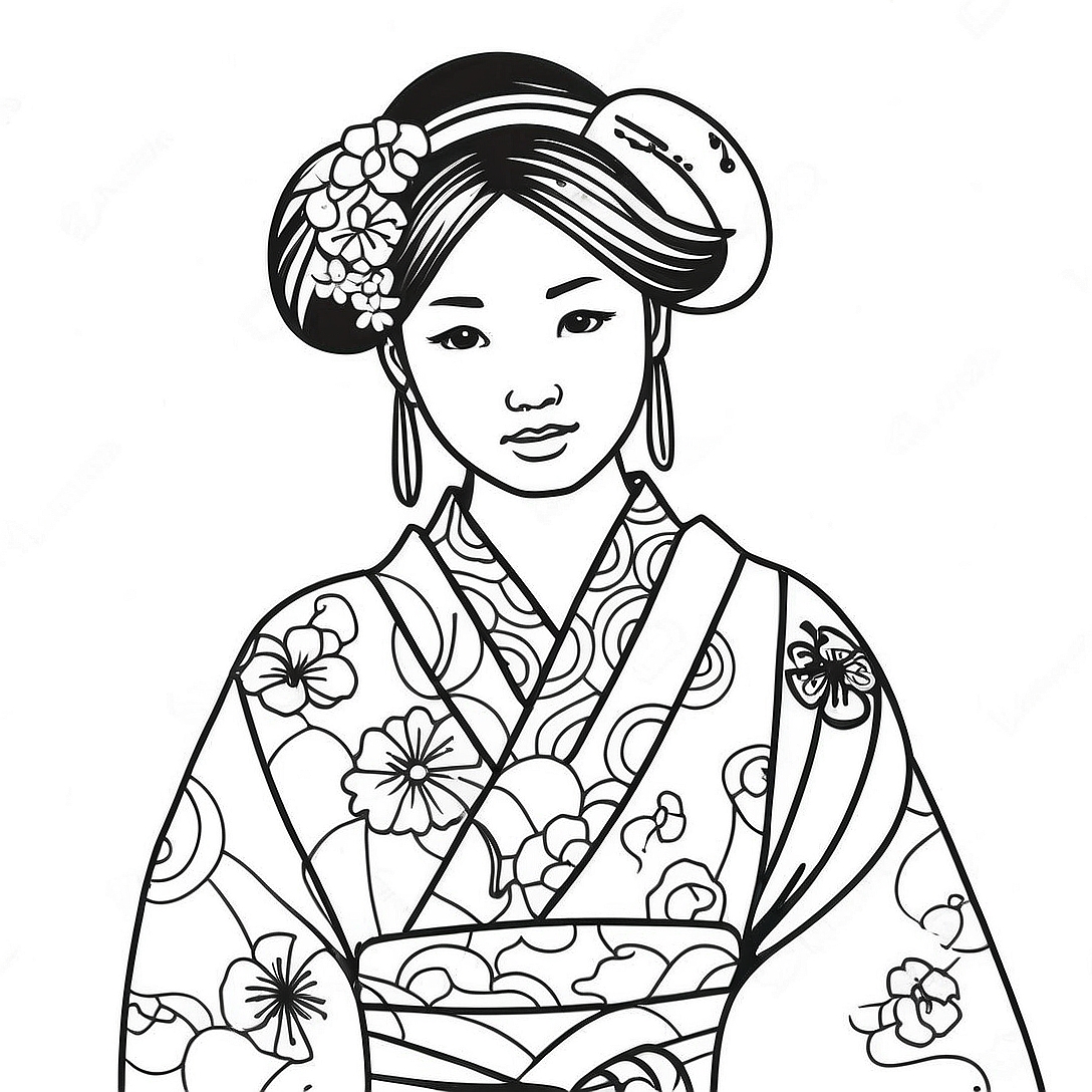 Japanese Girl in Traditional Kimono Coloring Page | Japanese Girl coloring page