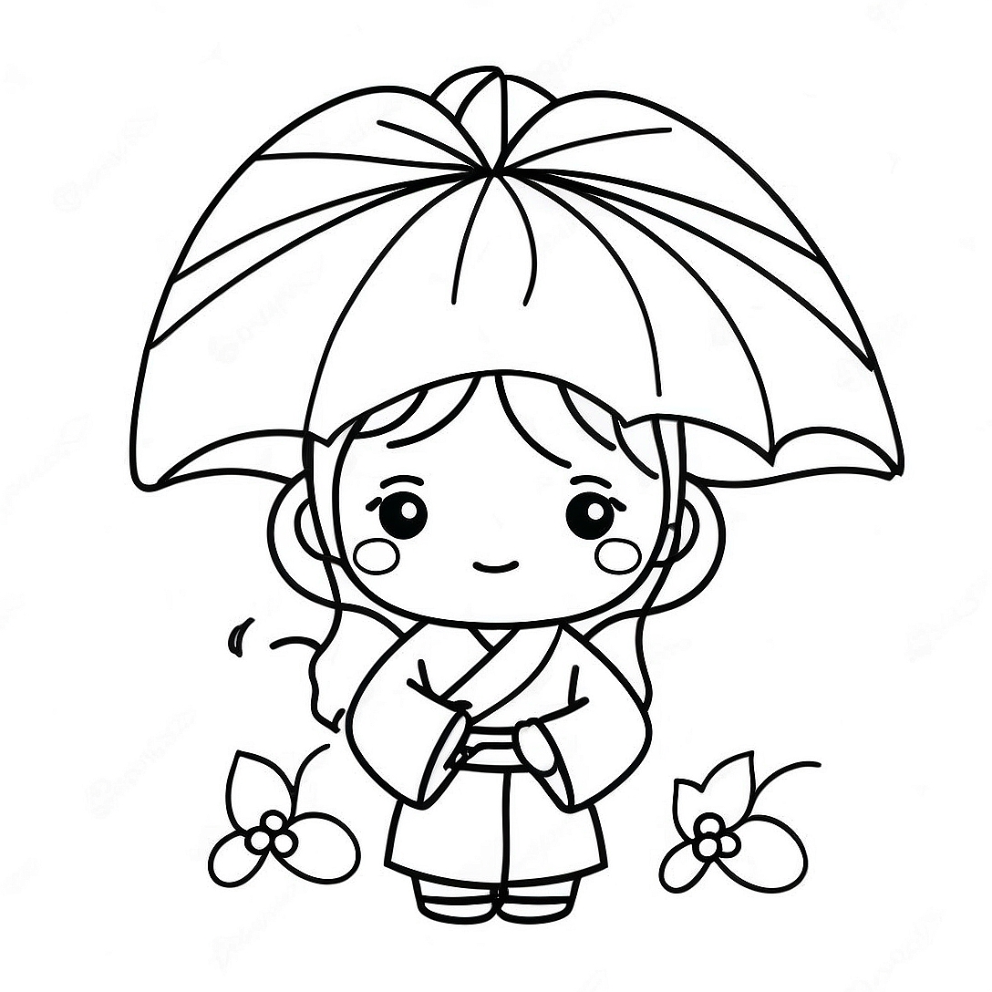 Cute Japanese Girl with Umbrella Coloring Page | Japanese Girl coloring page