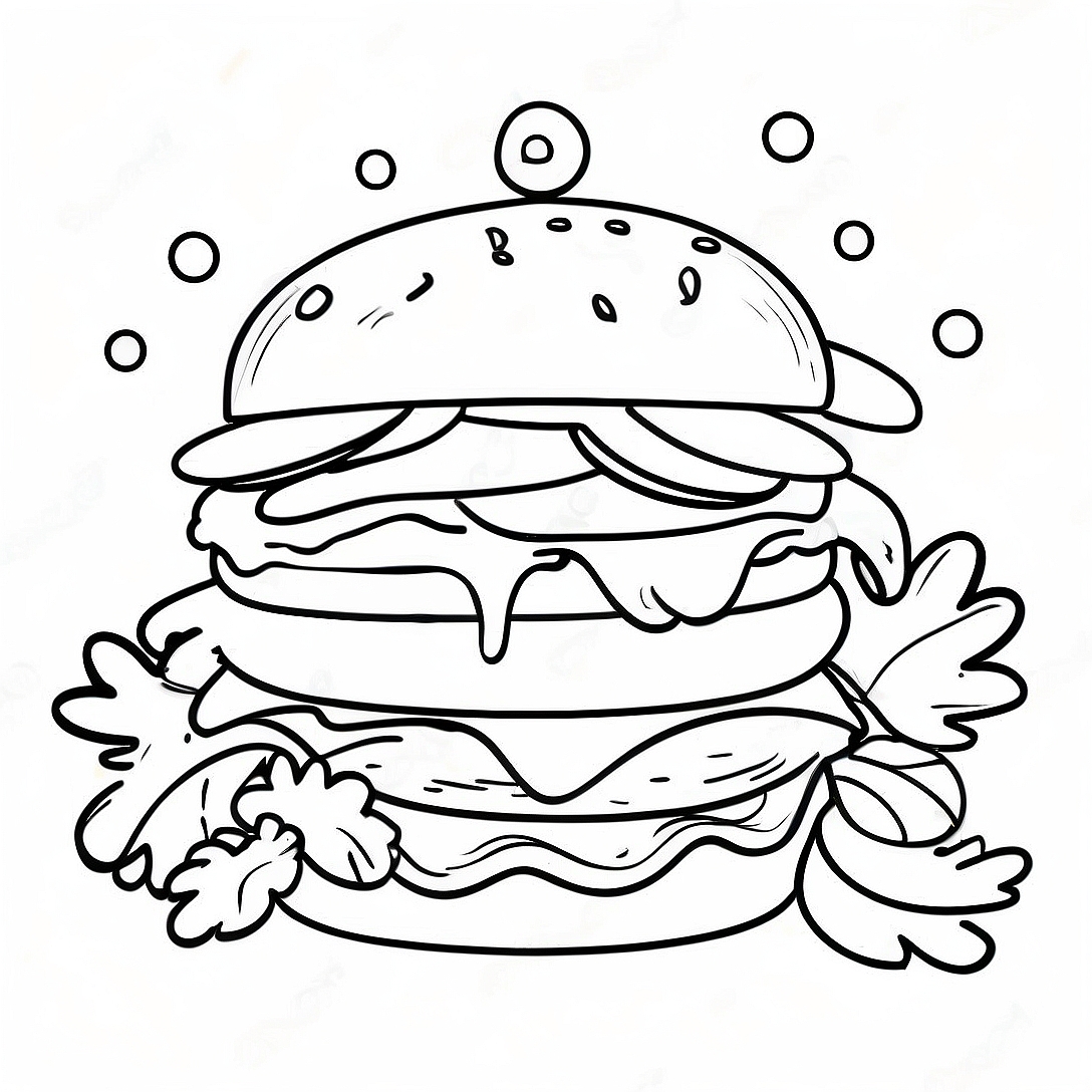 Cheesy Hamburger with Pickles Coloring Page | Hamburger coloring page