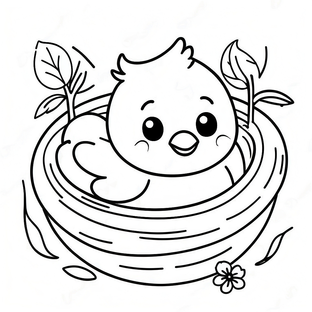 Happy Baby Chick in a Nest Coloring Page | Baby Chick coloring page