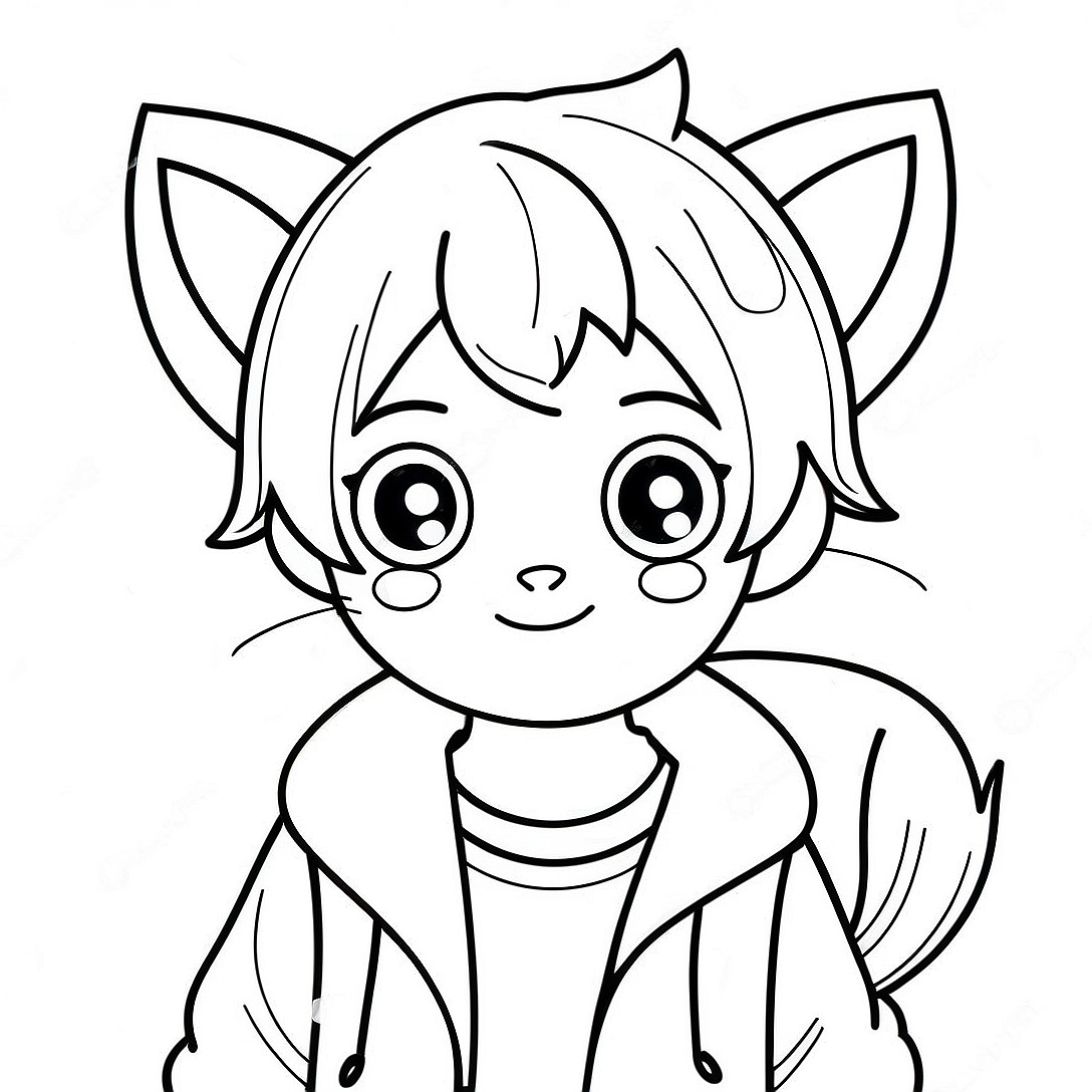 Adorable Anime Boy with Cat Ears Coloring Page | Cute Anime Boy coloring page