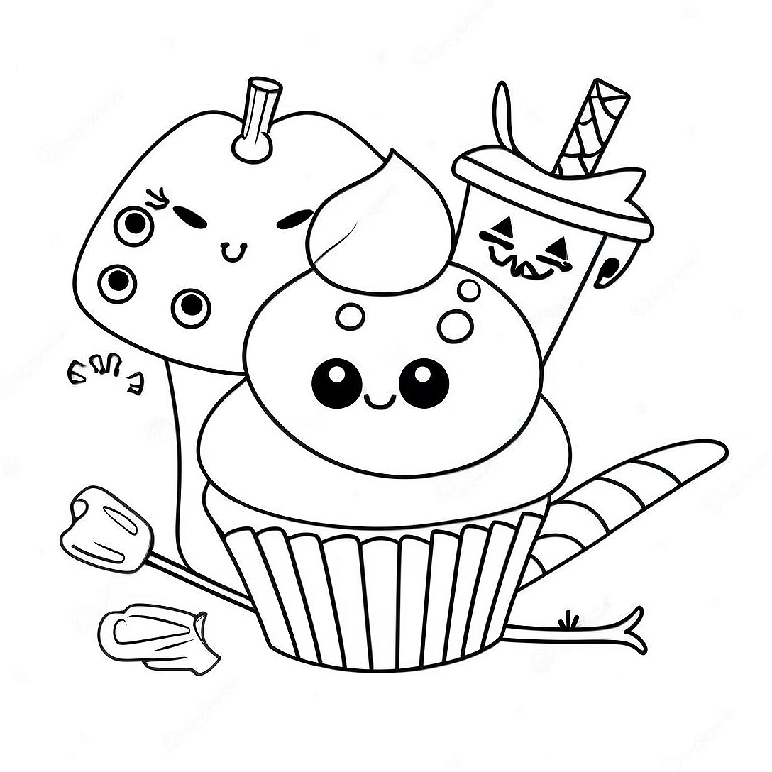 Halloween Cupcake with Spooky Toppings Coloring Page | Halloween Cupcake coloring page