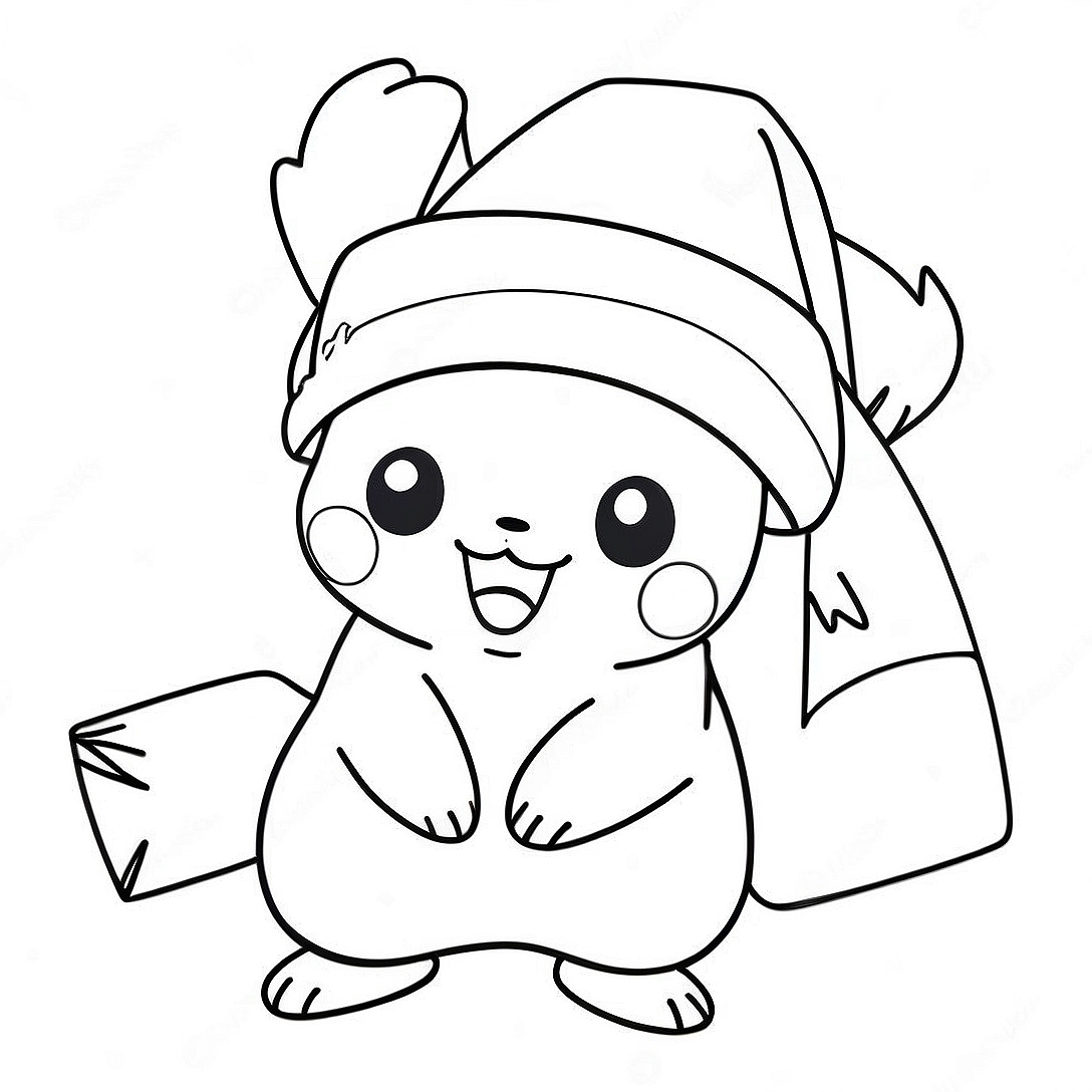 Pikachu with Santa Hat Coloring Page | Pokemon Christmas coloring page
