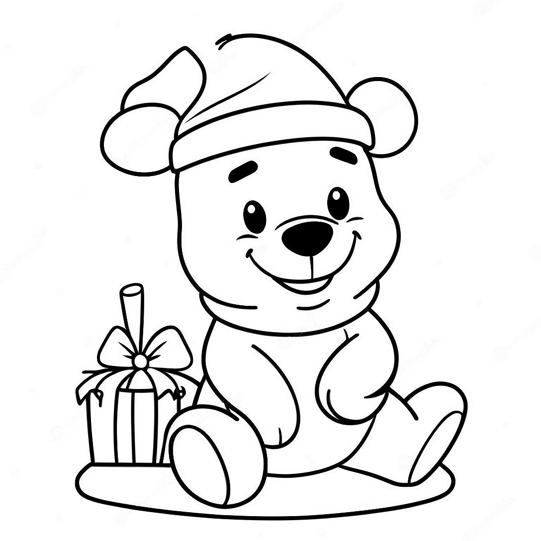 Festive Winnie the Pooh with Santa Hat Coloring Page | Christmas Winnie the Pooh coloring page