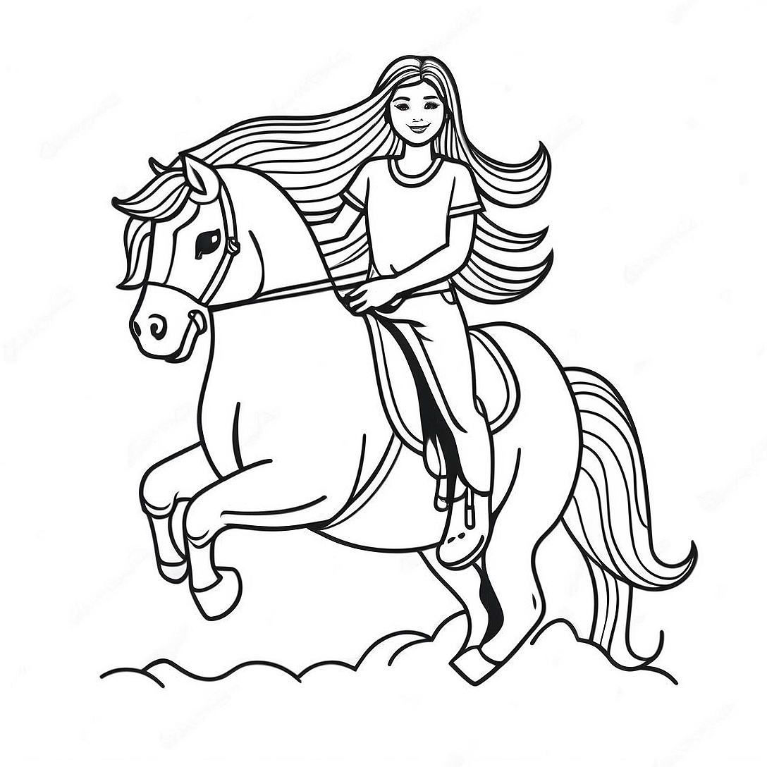 Horseback Riding Girl with Flowing Hair Coloring Page | Horseback Riding Girl coloring page