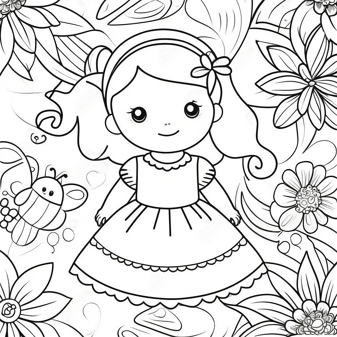 Little Girl in a Beautiful Dress Coloring Page | Little Girl coloring page