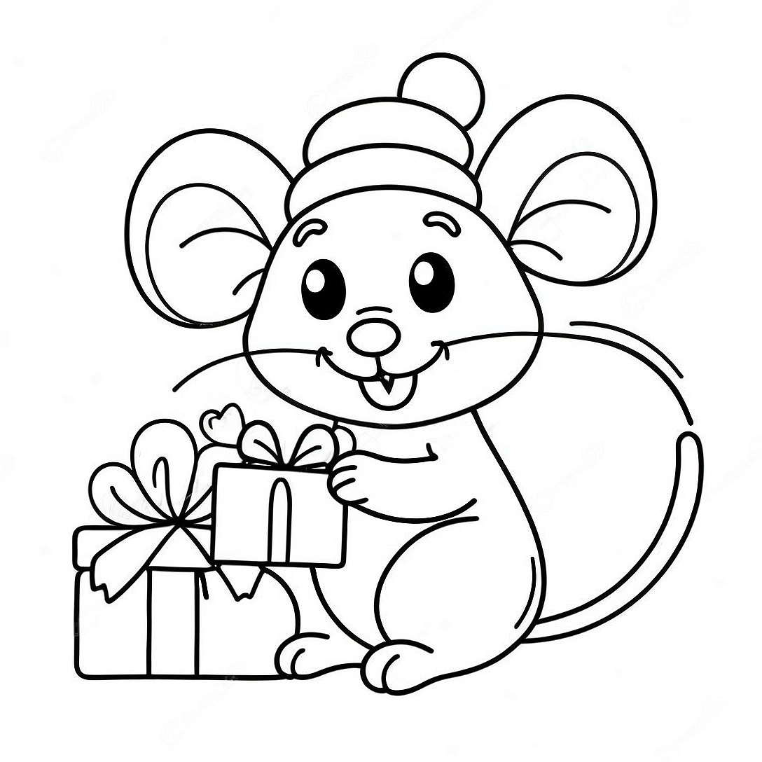 Adorable Christmas Mouse with Gift Coloring Page | Christmas Mouse coloring page