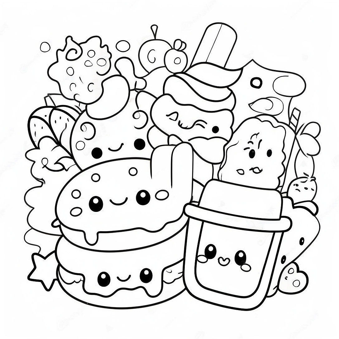 Kawaii Food Characters Coloring Page | Food Kawaii coloring page