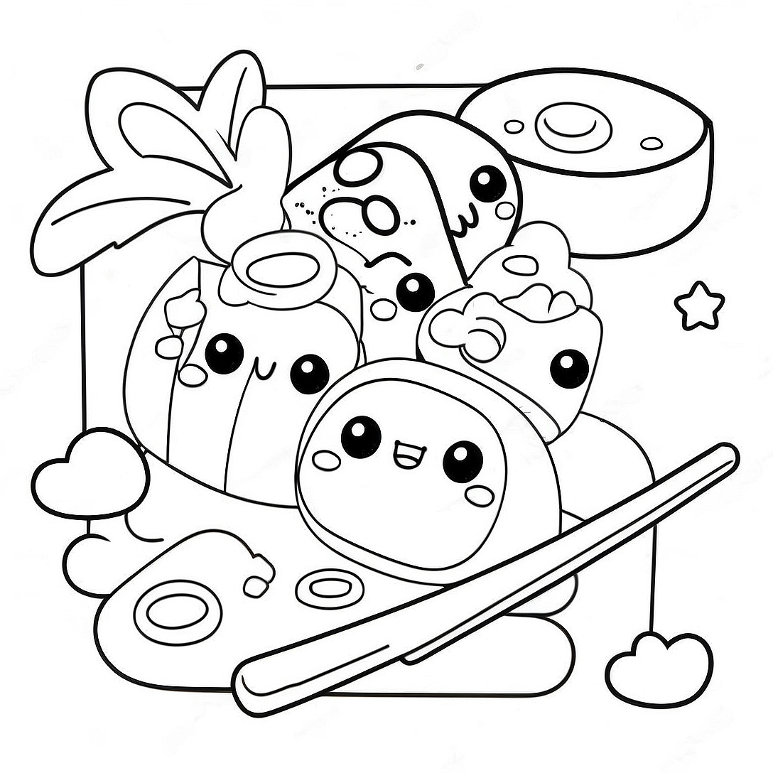 Cute Kawaii Sushi Coloring Page | Food Kawaii coloring page