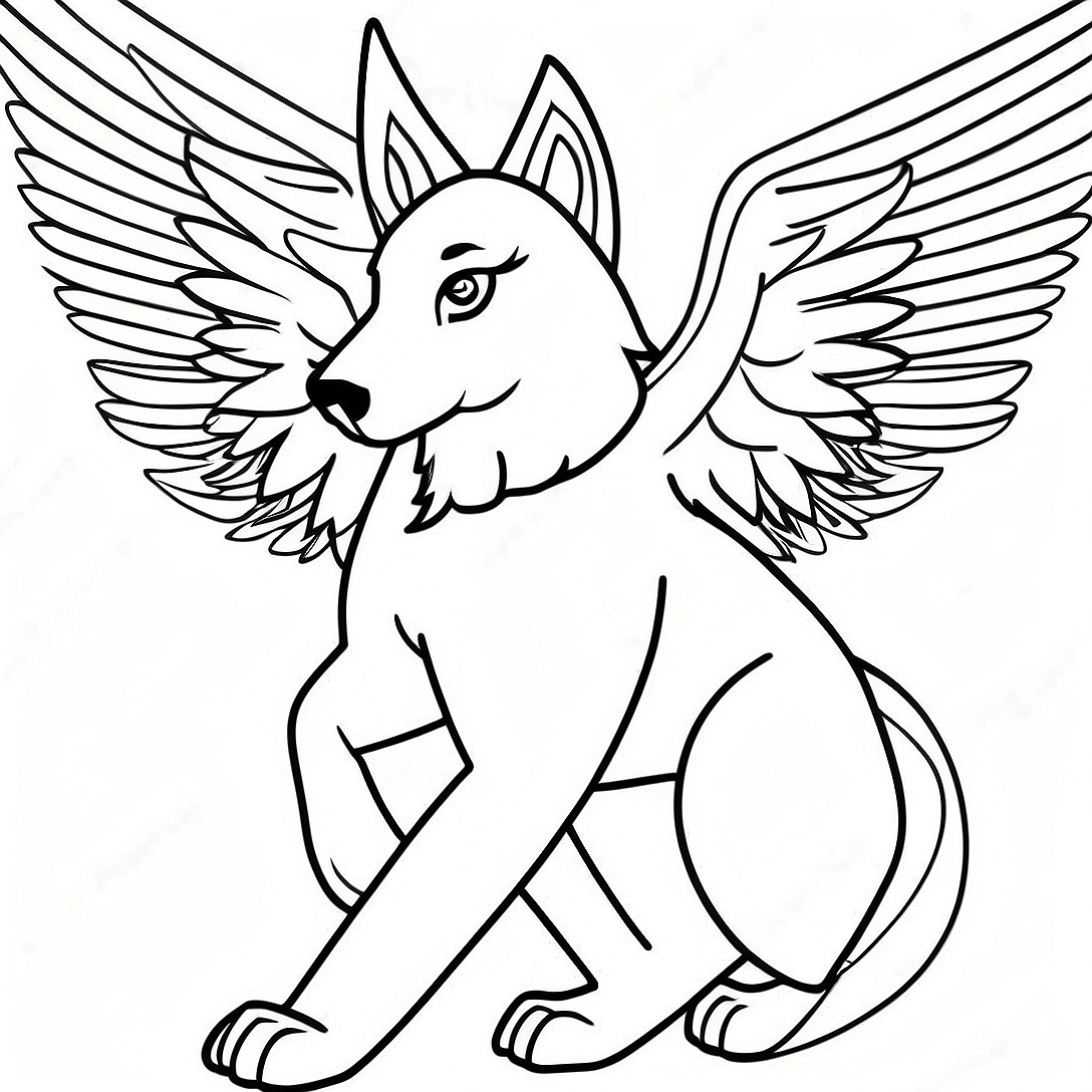 Majestic Winged Spirit Wolf Coloring Page | Spirit Wolf: Mythical Magic Winged Wolf coloring page