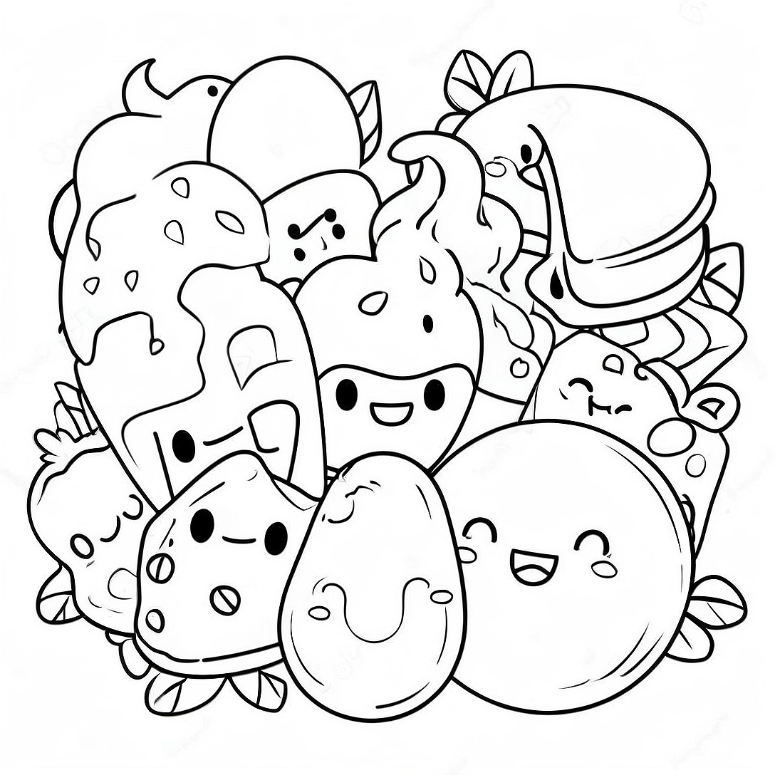 Cute Food Characters Coloring Page | Easy Cute Food coloring page