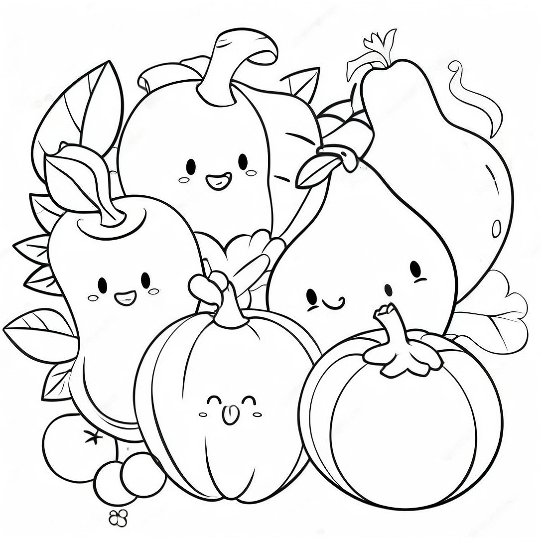 Adorable Fruits and Vegetables Coloring Page | Easy Cute Food coloring page