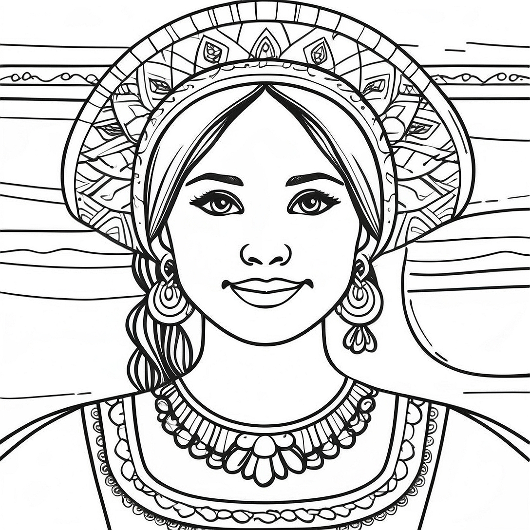 Mexican Girl in Traditional Dress Coloring Page | Mexican Girl coloring page