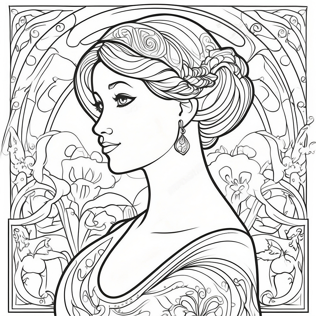 Elegant Art Nouveau Lady Coloring Page | Art Nouveau coloring page