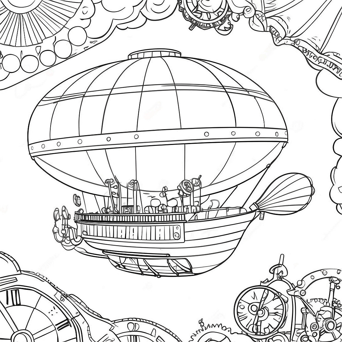 Steampunk Airship Adventure Coloring Page | Steampunk coloring page