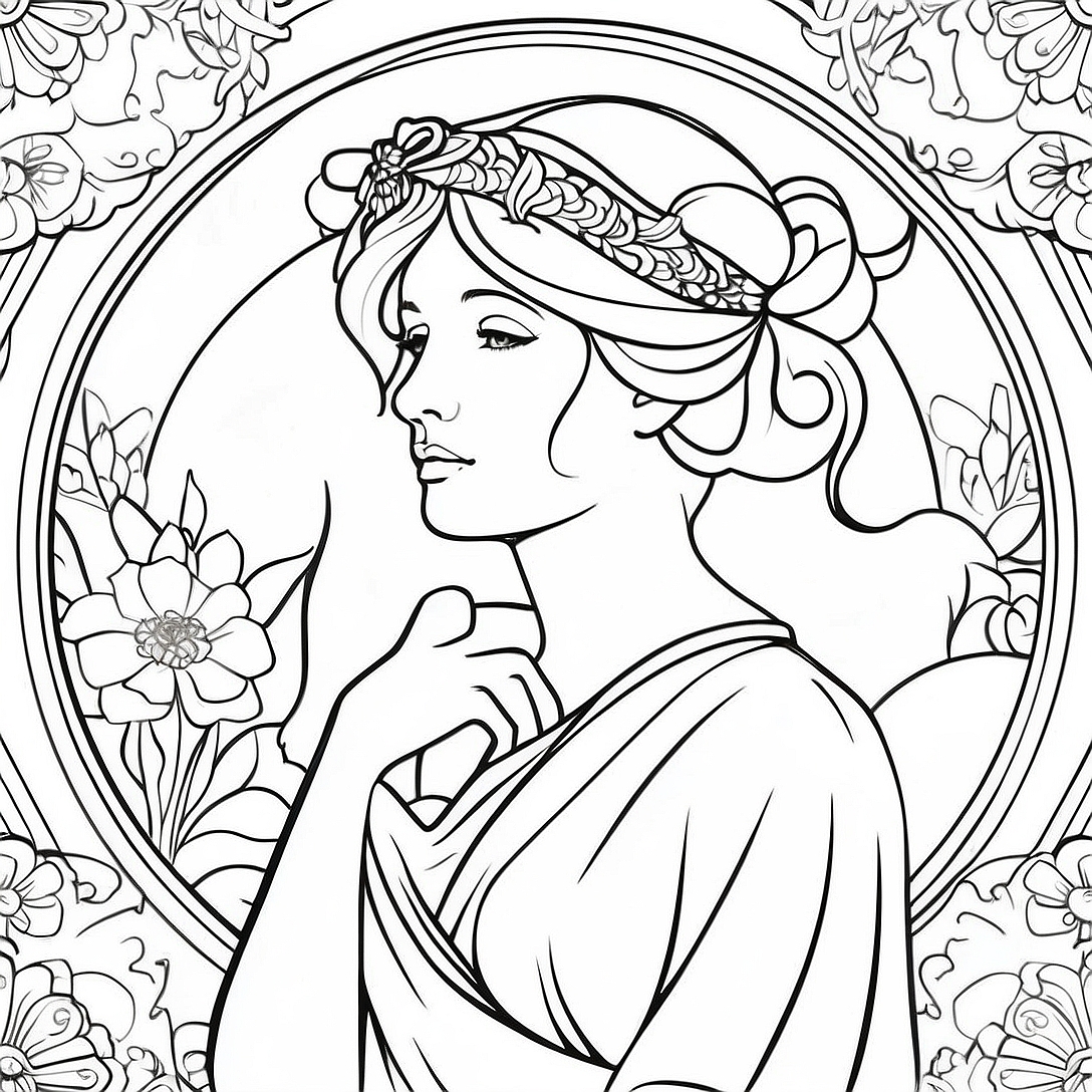 Elegant Alphonse Mucha Lady Coloring Page | Alphonse Mucha coloring page