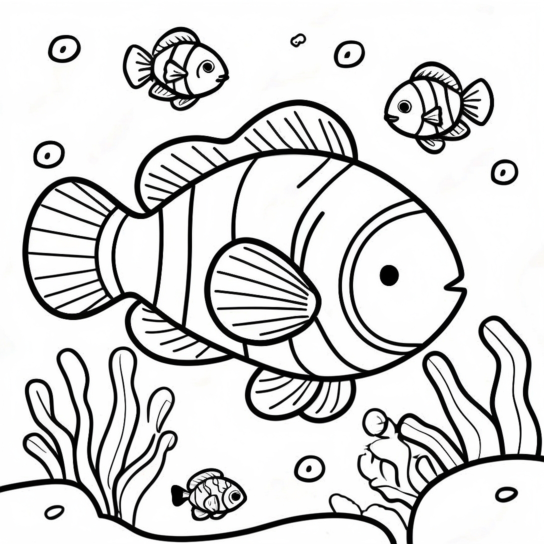 Colorful Clownfish Swimming in Coral Reef Coloring Page | Clownfish coloring page
