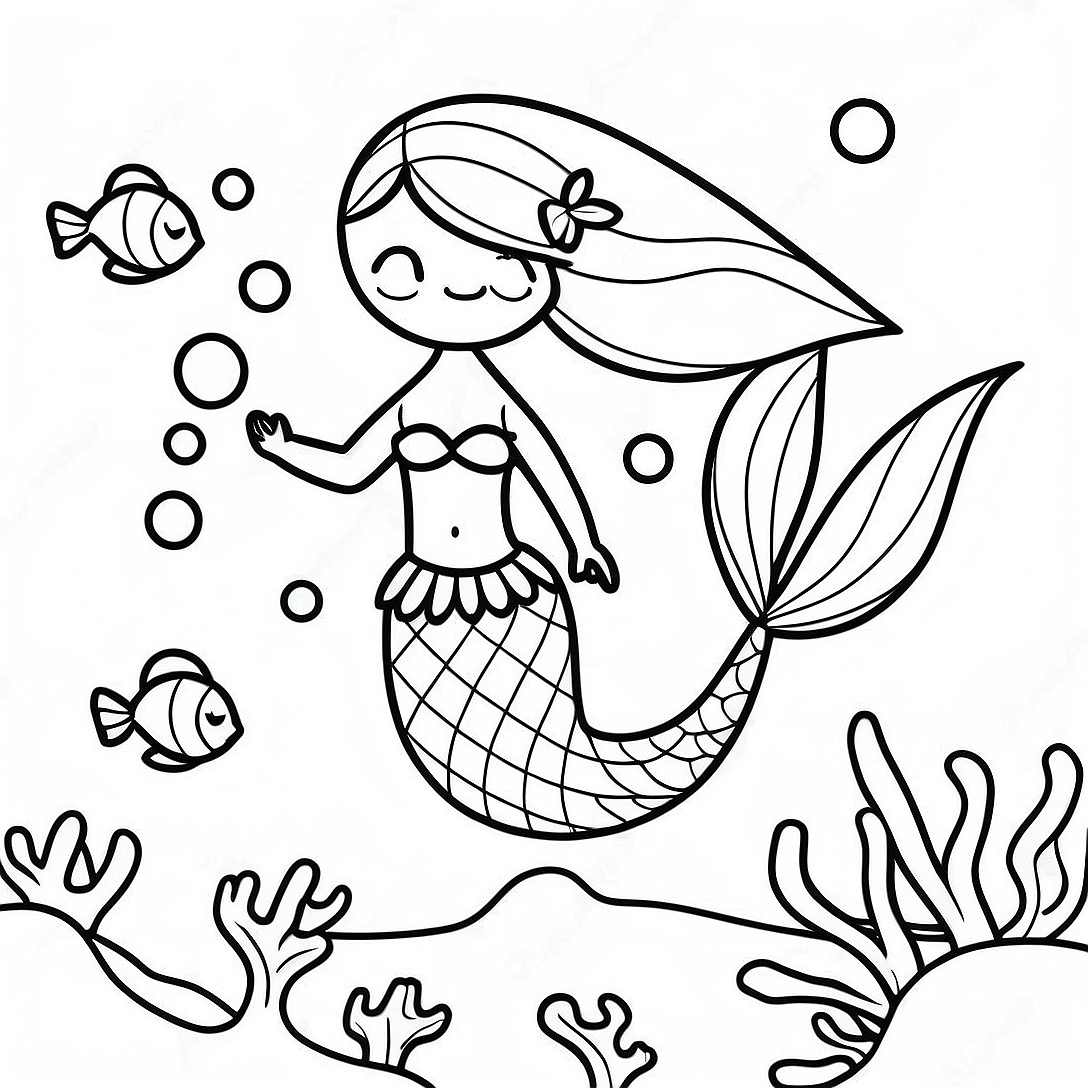 Elegant Mermaid Swimming in Coral Reef Coloring Page | Mermaid for Adults coloring page