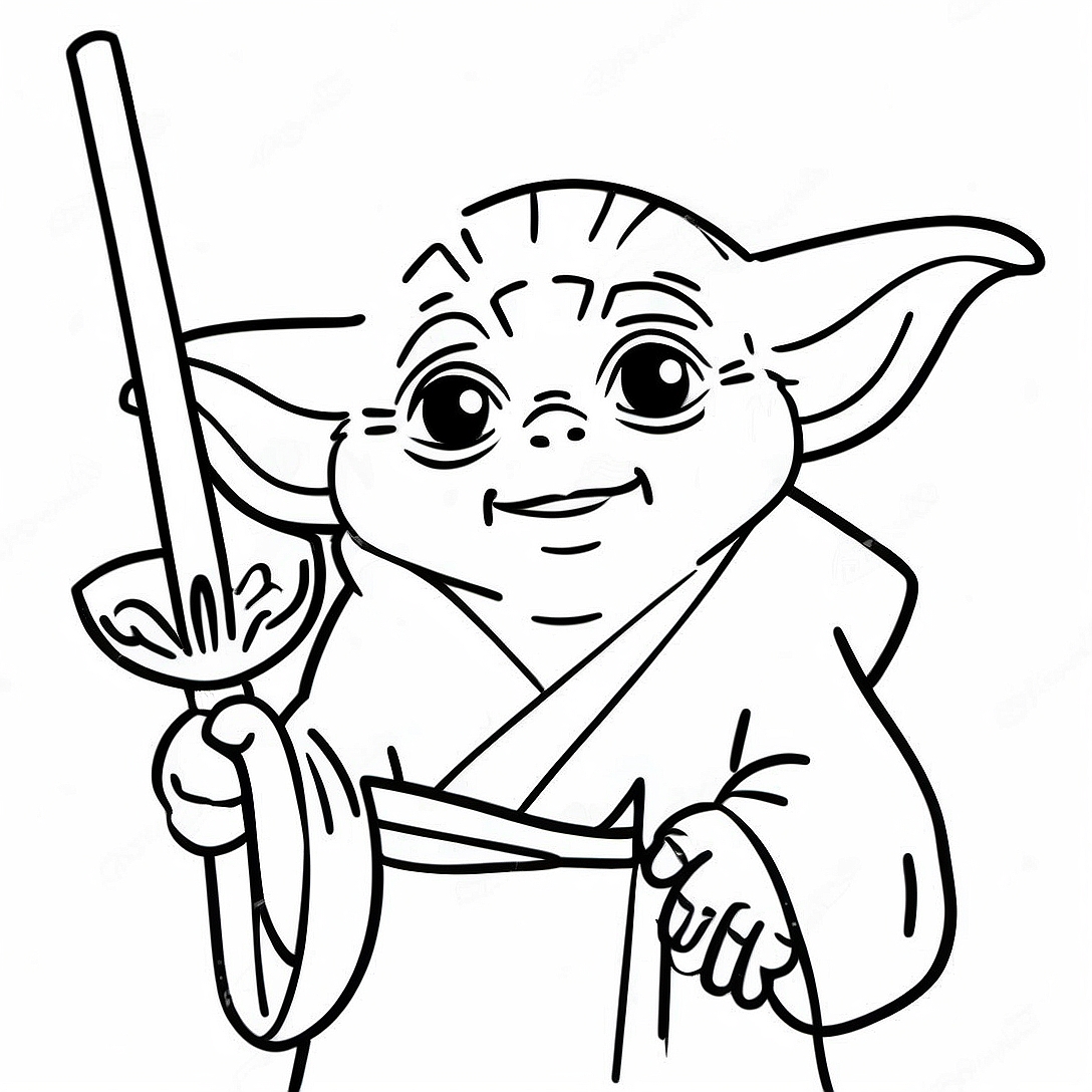 Funny Yoda with Lightsaber Coloring Page | Yoda coloring page