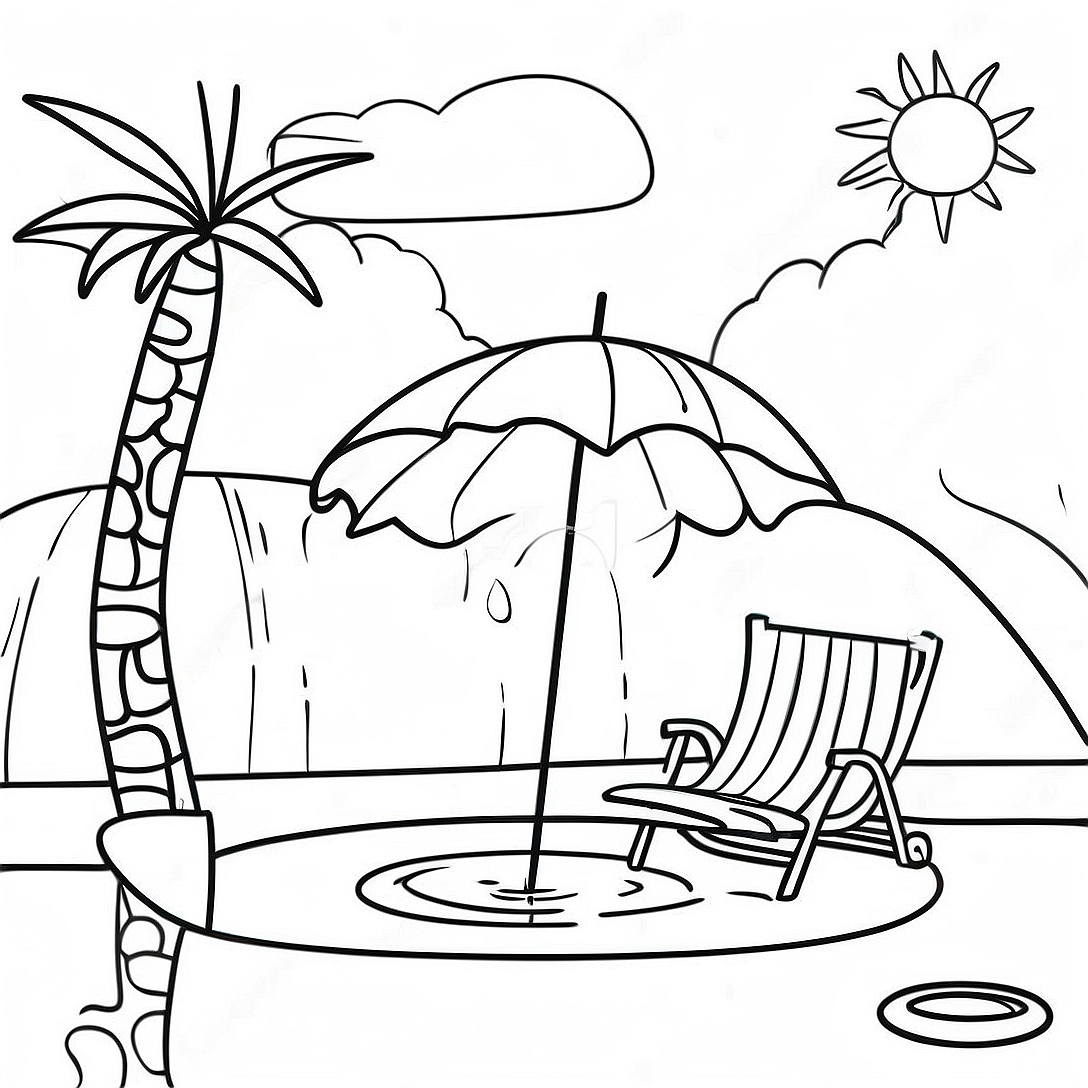 Sunny Day at the Pool Coloring Page | Pool coloring page