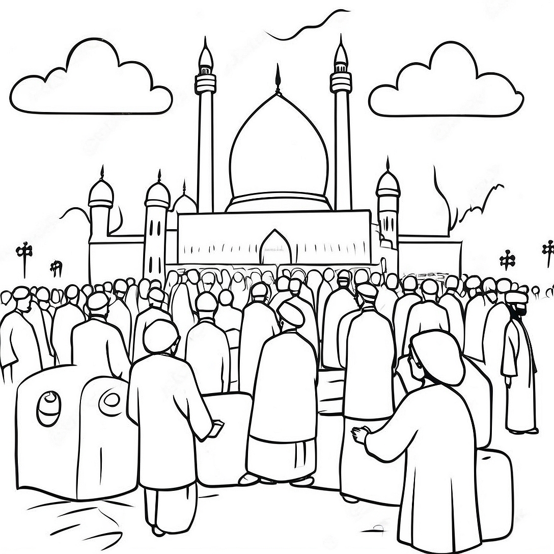 Eid Al Adha Prayer Gathering Coloring Page | Eid Al Adha coloring page