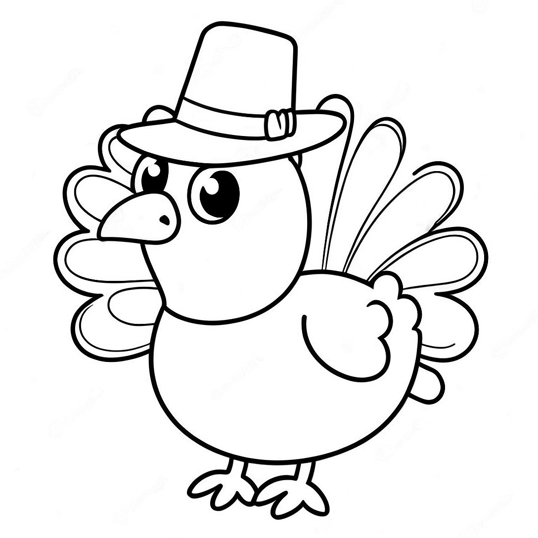 Adorable Turkey with Hat Coloring Page | Simple Cute Turkey coloring page