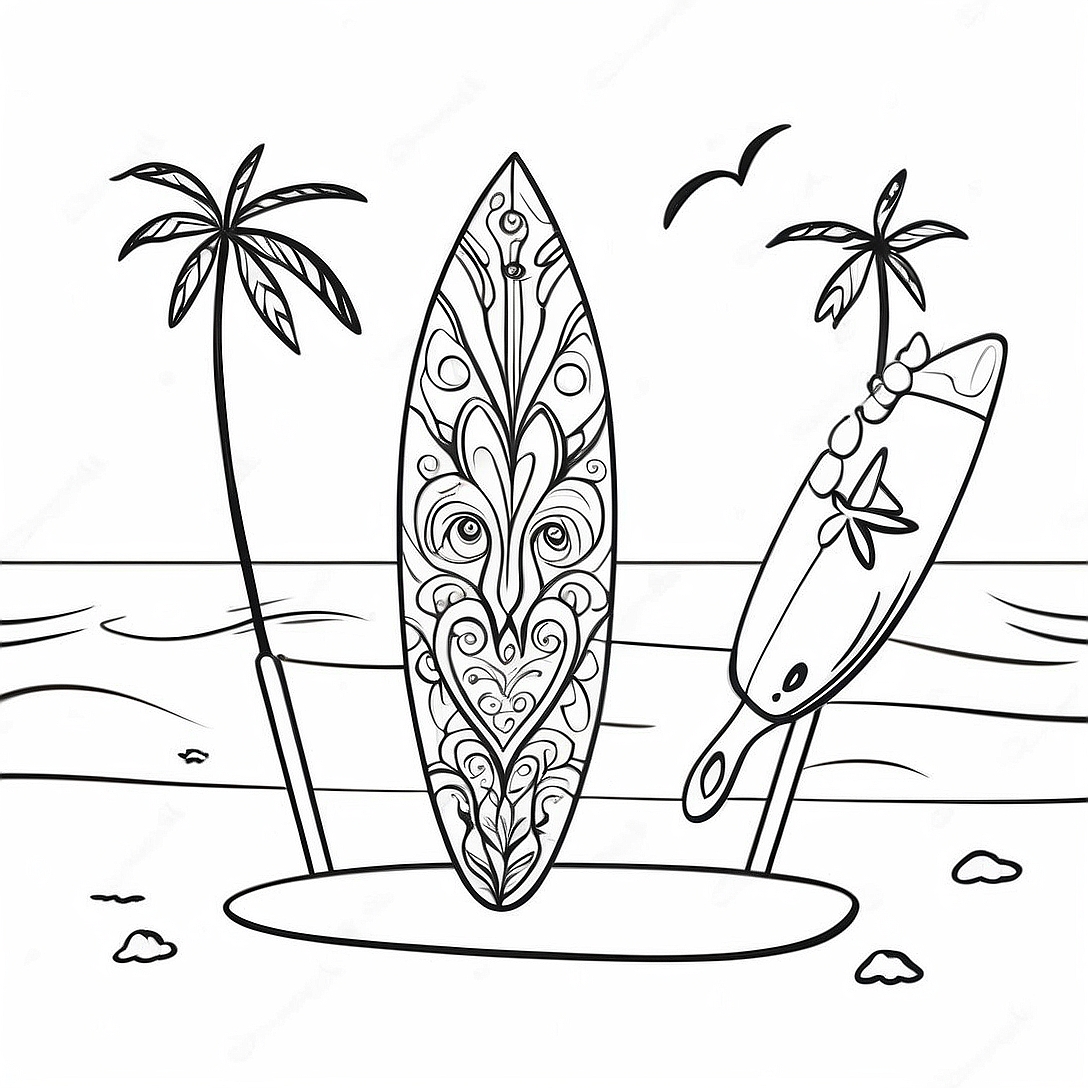 Colorful Surfboard on the Beach Coloring Page | Surf's Up coloring page
