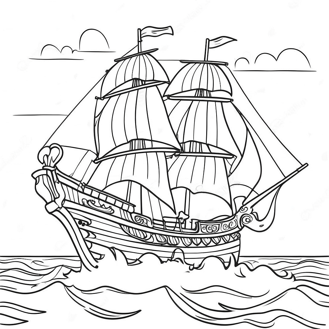 Colorful Pirate Ship at Sea Coloring Page | Pirate Ship coloring page