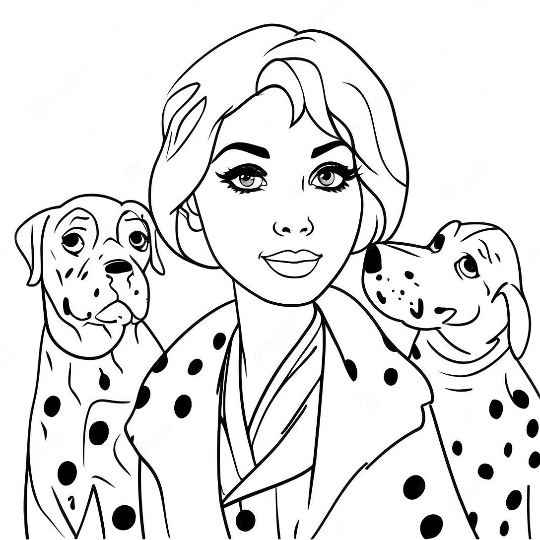 Cruella Deville with Dalmatians Coloring Page | Cruella Deville coloring page