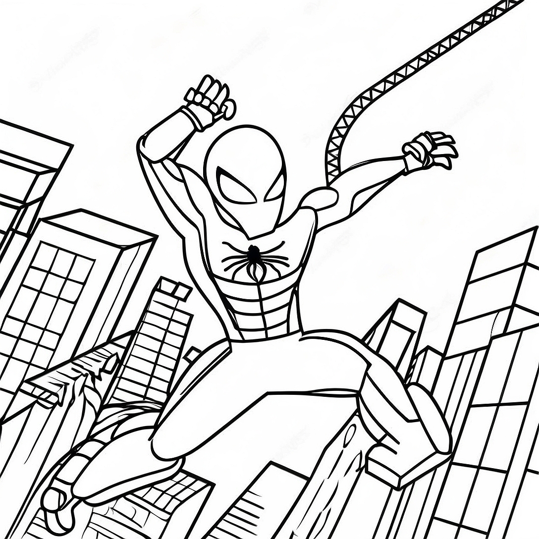 Lego Iron Spider Swinging Through City Coloring Page | Lego Iron Spider coloring page