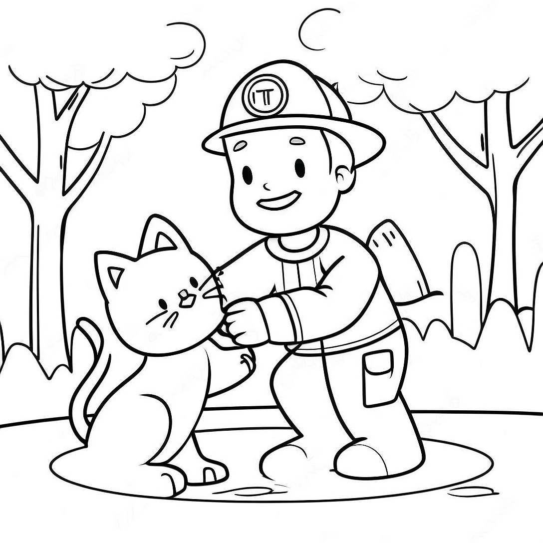 Friendly Firefighter Saving a Cat Coloring Page | Community Helpers coloring page