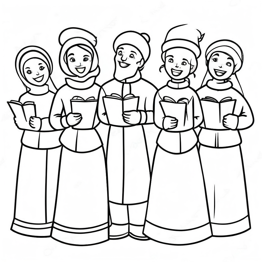 Joyful Christmas Carolers Coloring Page | Christmas Music coloring page