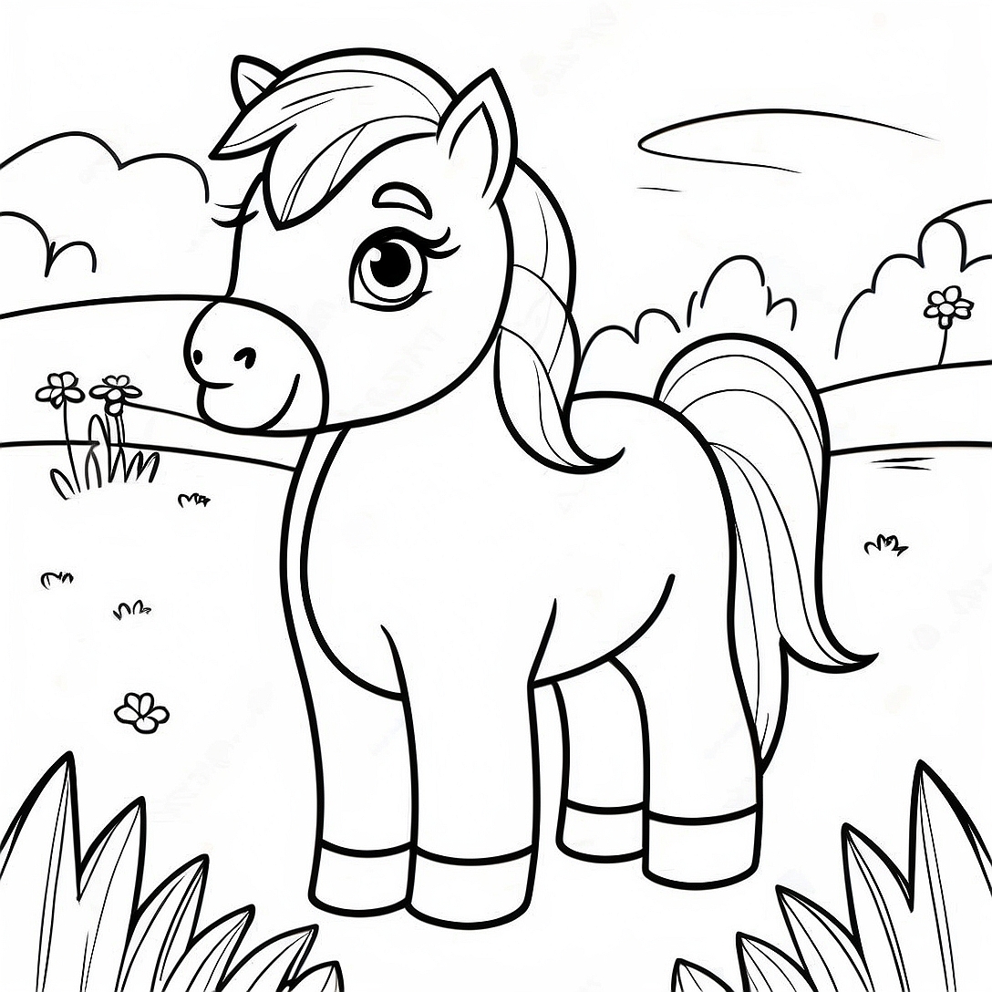 Cute Shetland Pony in a Meadow Coloring Page | Shetland Pony coloring page