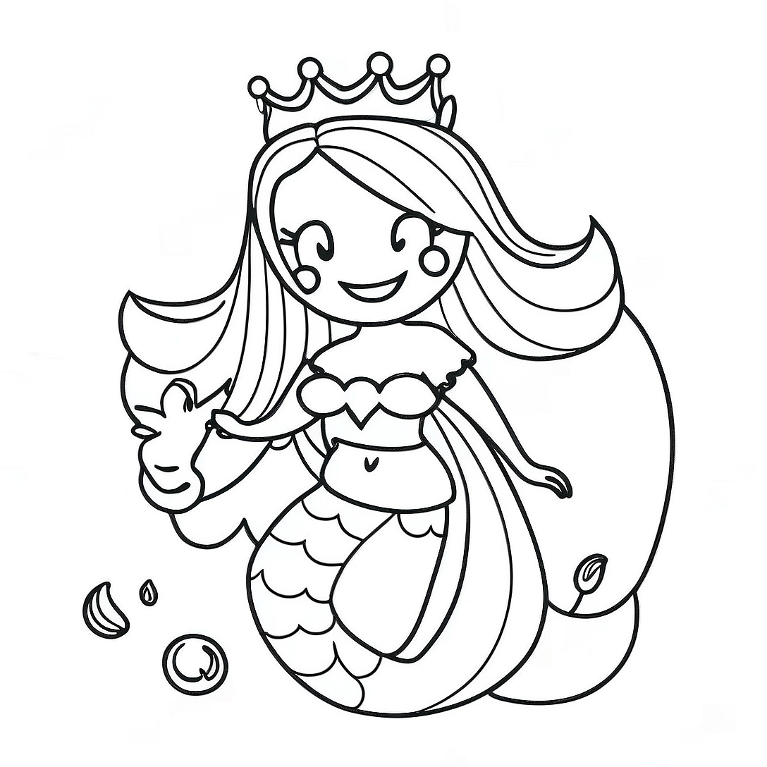 Elegant Mermaid Queen with Crown Coloring Page | Mermaid Queen coloring page
