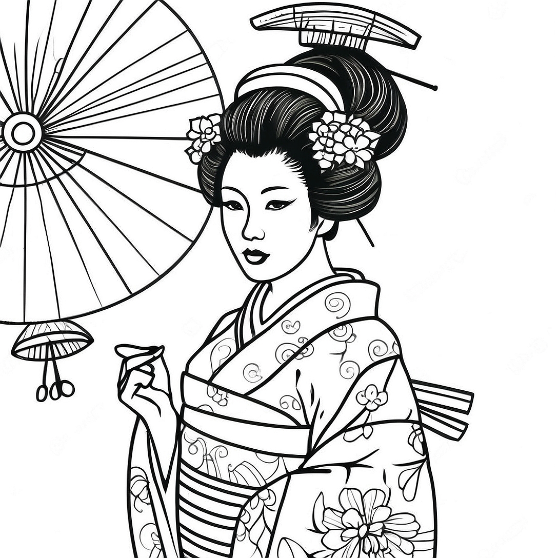 Elegant Geisha in Kimono Coloring Page | Geisha coloring page