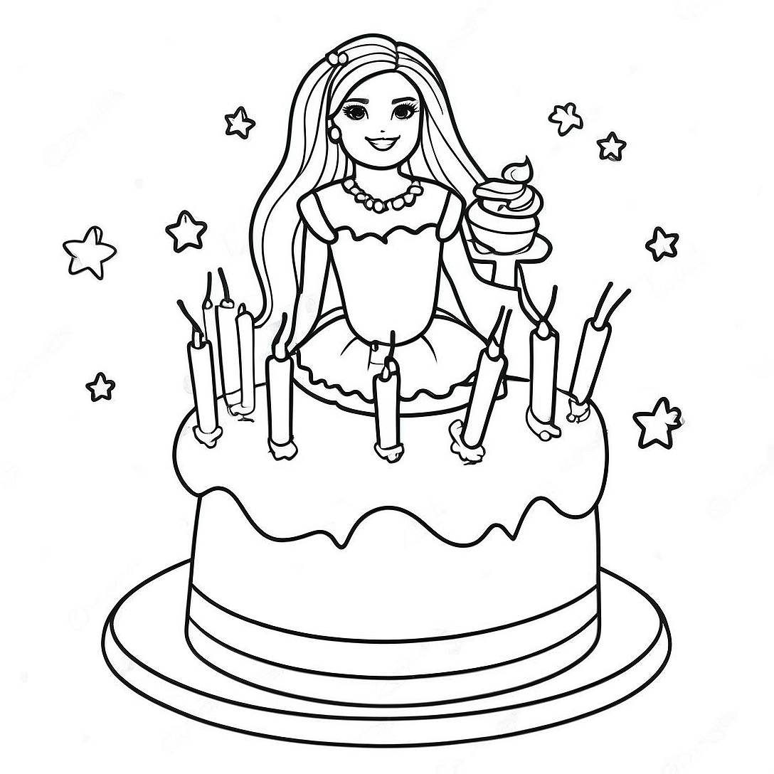 Barbie Birthday Cake Coloring Page | Barbie Cake coloring page