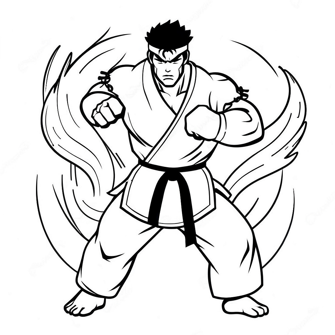 Ryu in Fierce Battle Pose Coloring Page | Ryu coloring page