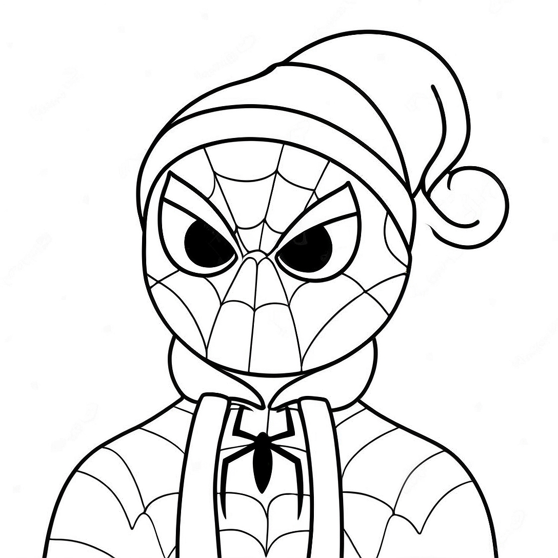 Festive Spiderman with Santa Hat Coloring Page | Spiderman Christmas coloring page