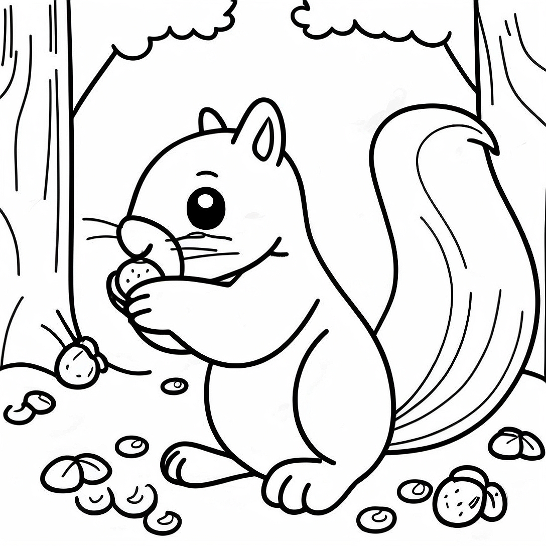 Playful Squirrel Collecting Acorns Coloring Page | Fall Squirrel coloring page