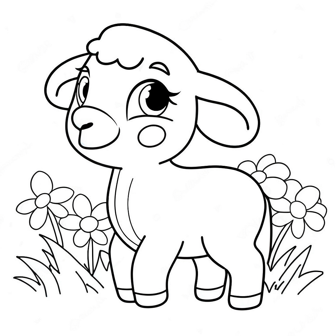 Cute Easter Lamb with Flowers Coloring Page | Easter Lamb coloring page