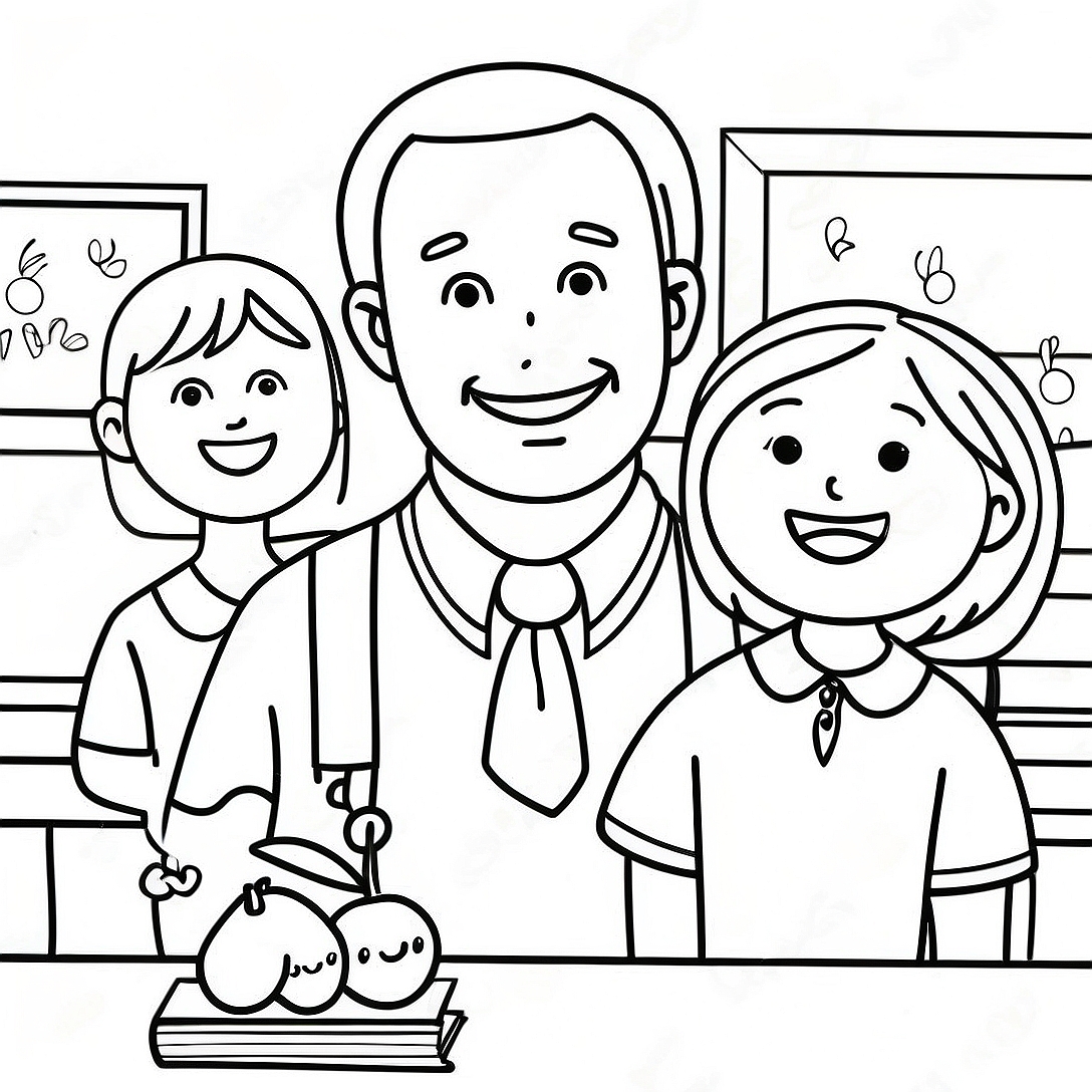 Cheerful Teacher with Students Coloring Page | World Teachers Day coloring page