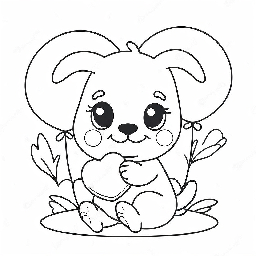 Cute Valentines Puppy with Heart Balloons Coloring Page | Valentines Puppy coloring page