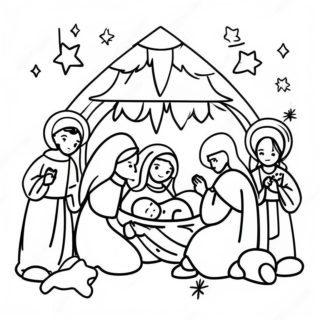 Nativity Scene with Baby Jesus Coloring Page | Jesus Birth coloring page