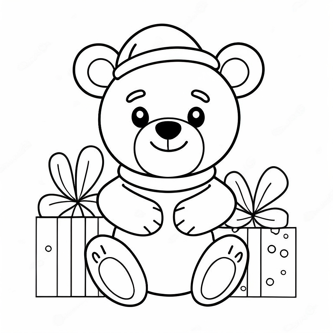 Cute Christmas Bear with Presents Coloring Page | Christmas Bear coloring page