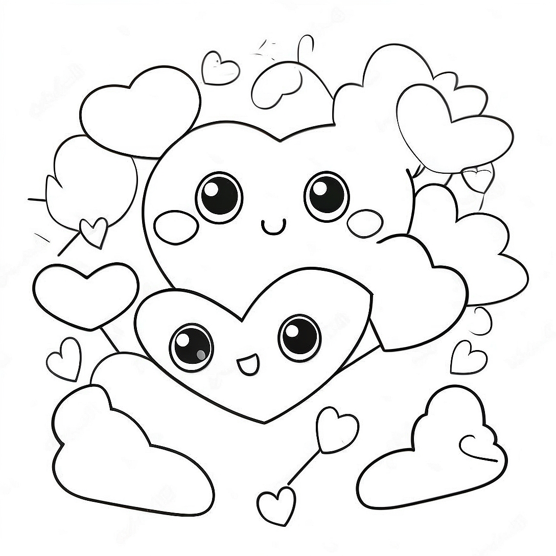 Kawaii Valentines Hearts Coloring Page | Kawaii Valentines coloring page