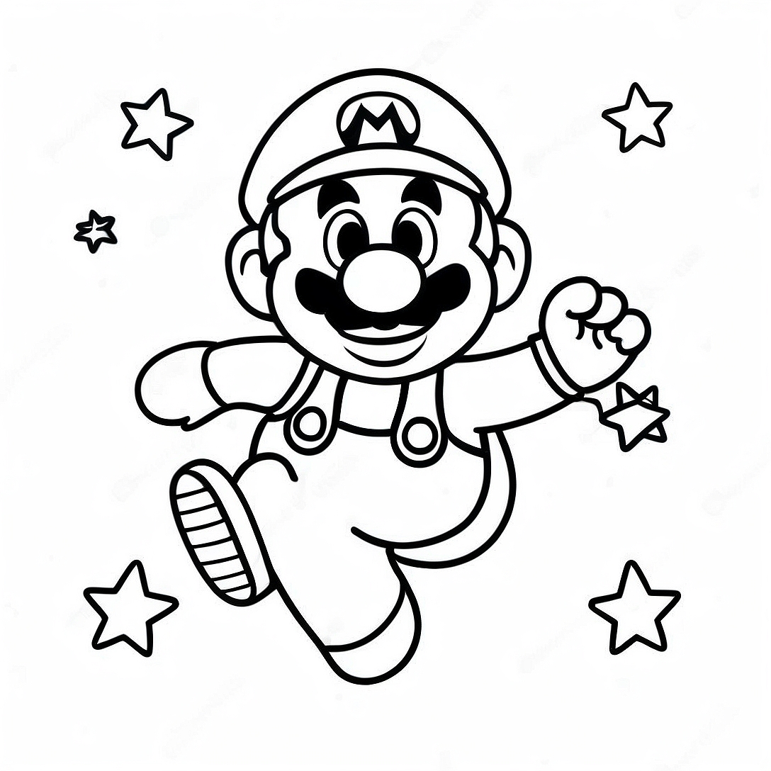 Mario with Colorful Stars Coloring Page | Mario Jumping coloring page